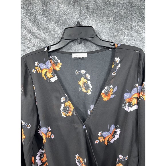 Socialite Blouse Women's Sz S Floral Wrap Black Long‎ Sleeve Elastic Chiffon Top - Picture 4 of 10